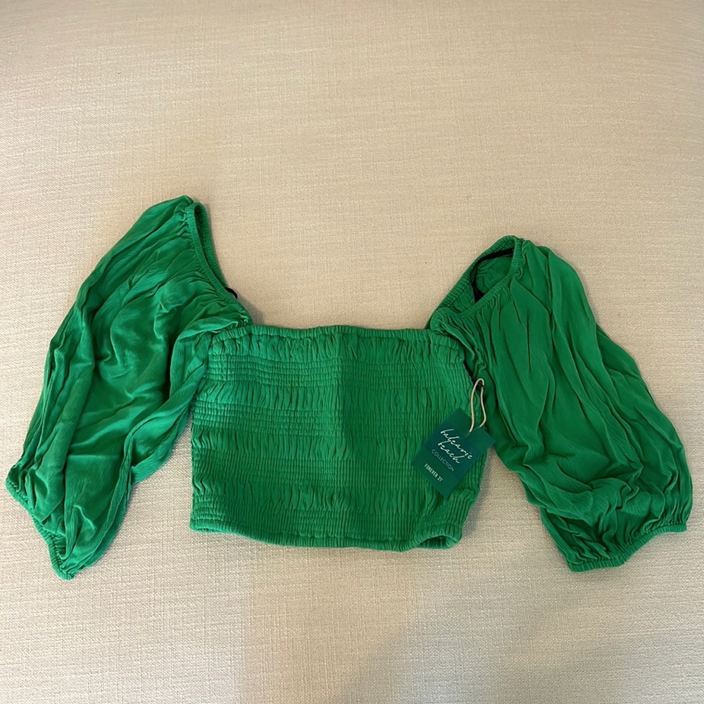 Green cropped square neck smocked top